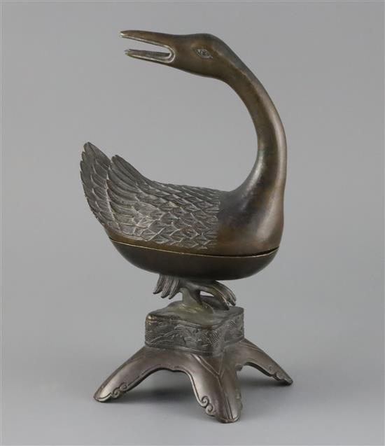 A Chinese bronze duck censer and cover, late Ming dynasty, H.28cm